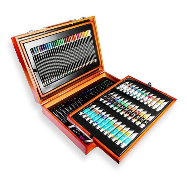Maletín de madera Set para Dibujo y Arte con Técnicas Mixtas, 174 Piezas