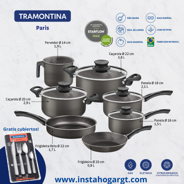 BATERIA COCINA 7 PZS ALUMINIO ANTIADHERENTE NEGRO PARIS TRAMONTINA + cubiertos