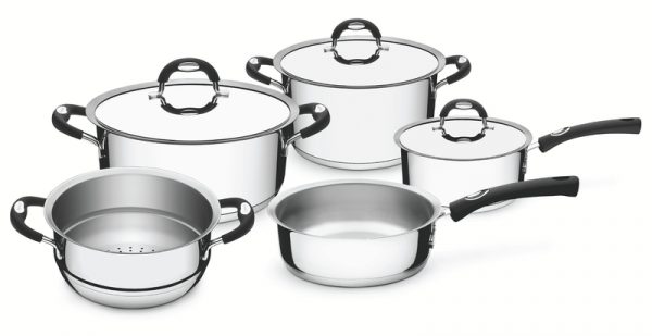 Batería de cocina Tramontina Duo Silicone de acero inoxidable con fondo triple y mangos de silicona, 5 piezas 65480010