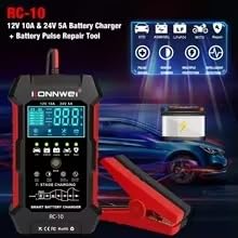KONNWEI RC-10 - Probador de batería de coche de 12 V/24 V, cargador automático de 7 etapas y herramienta de reparación de pulso, carga rápida, modo de goteo, protección contra sobrecalentamiento