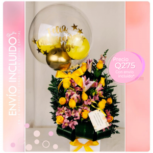 💛🌸 Un suspiro de amor en cada flor: lirios, alstroemerias amarillas y un globo personalizado para decir “te pienso”. Regala sentimientos que florecen. #AmorEnFlores #DetallesQueEnamoran #GlobosPersonalizados