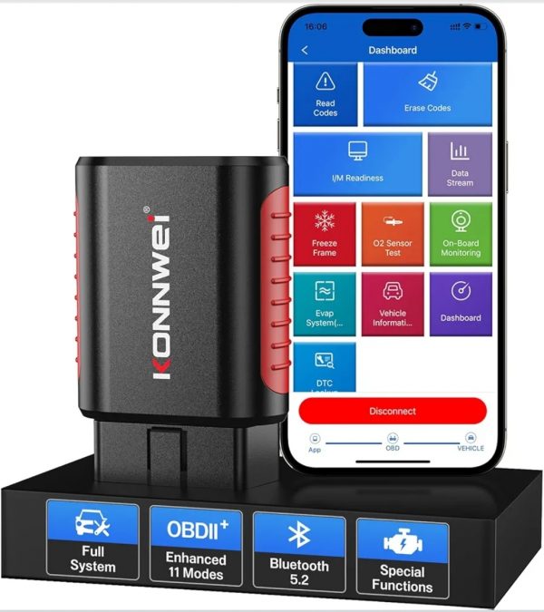 KONNWEI KDIAG Bluetooth OBD2 escáner herramienta de diagnóstico para iPhone y Android Wireless Check Engine Light Lector de código de coche Bluetooth 5.2 con diagnóstico de sistema completo,