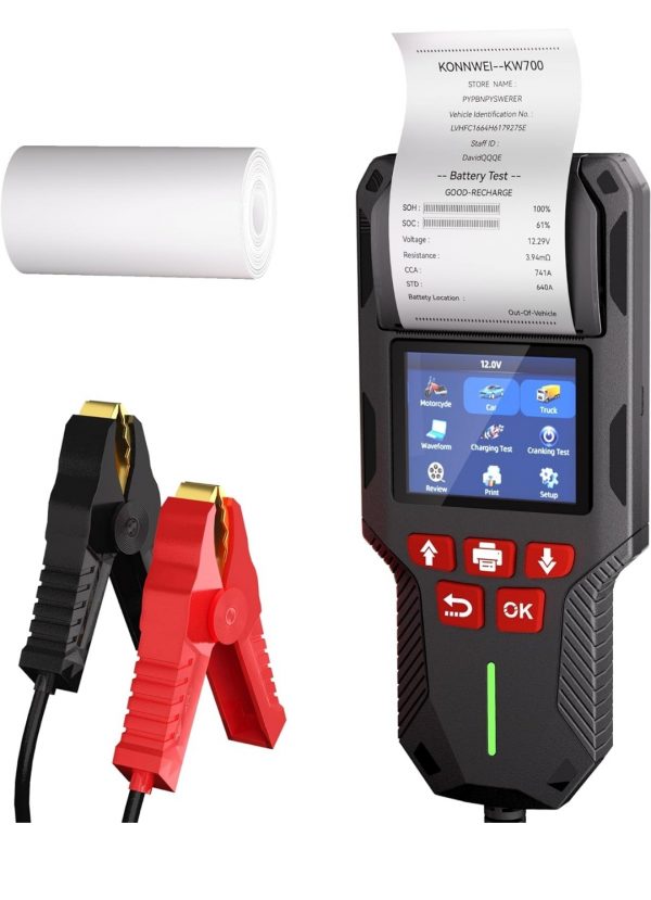 KONNWEI Kw700 Probador de batería de automóvil con impresora, probador de carga de batería automotriz de 12 V 24 V, prueba de arranque y carga, analizador de batería 100-2000CCA probador de alternador para