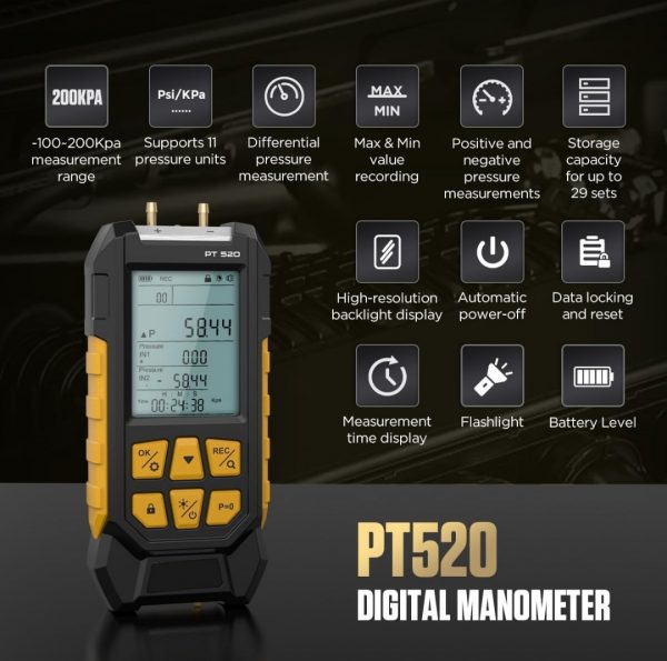 Probador de presión de gas manómetro PT520, manómetro digital, medidor de presión de aire de doble puerto, probador de presión de gas HVAC con 10 unidades seleccionables, varios adaptadores