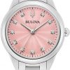 BULOVA Reloj de pulsera de acero inoxidable con esfera rosa para mujer, plateado, Pulsera