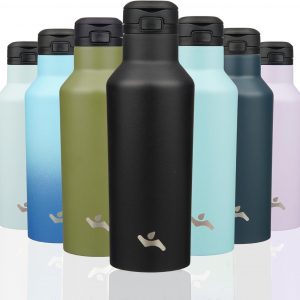 Insulated Water Bottle with Straw,17 OZ Double Wall Vacuum Stainless Steel Water Flask with 2 Lids,Black