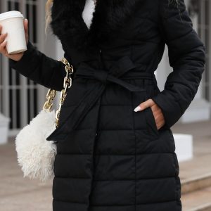 Bellivera Chaqueta acolchada de invierno para mujer, resistente al frío, forro de felpa con cuello de piel extraíble, capucha y cinturón