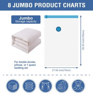 8 Jumbo Vacuum Storage Bags, Space Saver Bags Compression Storage Bags for Comforters and Blankets, Vacuum Sealer Bags for Clothes Storage, Hand Pump Included
