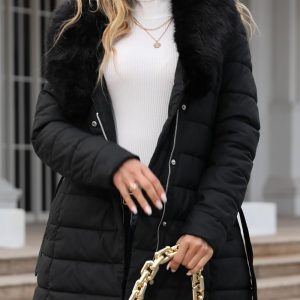 Bellivera Chaqueta acolchada de invierno para mujer, resistente al frío, forro de felpa con cuello de piel extraíble, capucha y cinturón