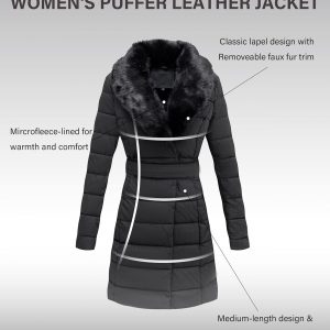 Bellivera Chaqueta acolchada de invierno para mujer, resistente al frío, forro de felpa con cuello de piel extraíble, capucha y cinturón