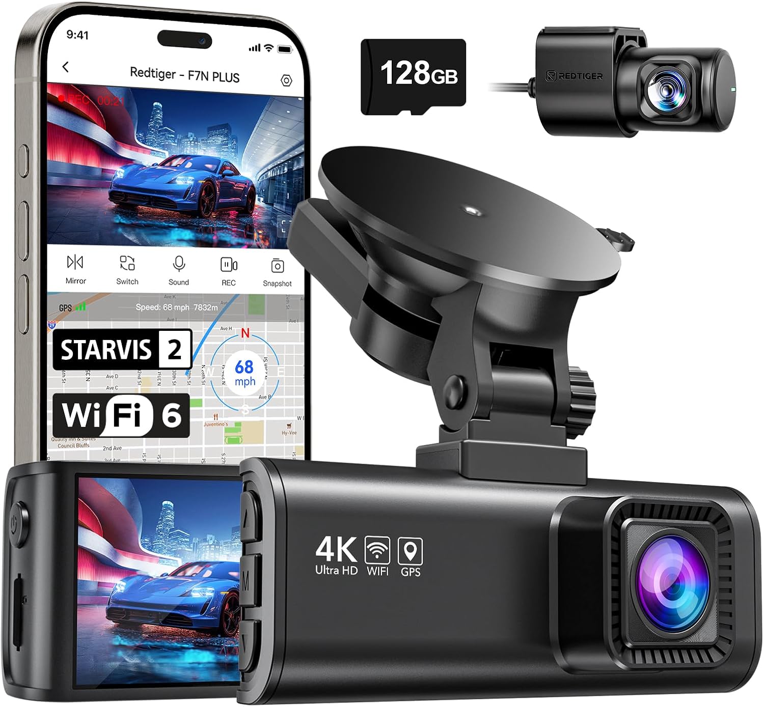 REDTIGER 4K Dash Cam Front Rear, STARVIS 2 Sensor, Free Card Included, 5.8GHz WiFi-20MB/s Fast Download, Dash Camera for Cars with GPS, WDR Night Vision, 170°Wide Angle, 24H Parking Mode(F7NP)