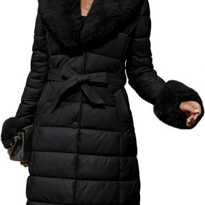 Bellivera Chaqueta acolchada de invierno para mujer, resistente al frío, forro de felpa con cuello de piel extraíble, capucha y cinturón
