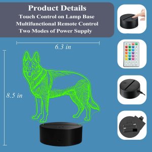 German Shepherd Night Light, German Shepherd Gifts, 3D Illusion Lamp with Remote Control, 16 RGB Colors, 4 Flashing Modes, Timer, Dimmable, Kids Room Dog Decoration for Holiday Birthday Christmas