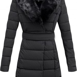 Bellivera Chaqueta acolchada de invierno para mujer, resistente al frío, forro de felpa con cuello de piel extraíble, capucha y cinturón