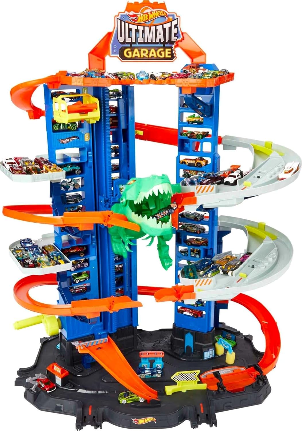 Hot Wheels - Juego de pistas de autos de juguete City Ultimate Garage Moving T-Rex Dinosaur, 100+ almacenamiento de vehículos a escala 1:64, 3 pies de alto, 2 autos de juguete