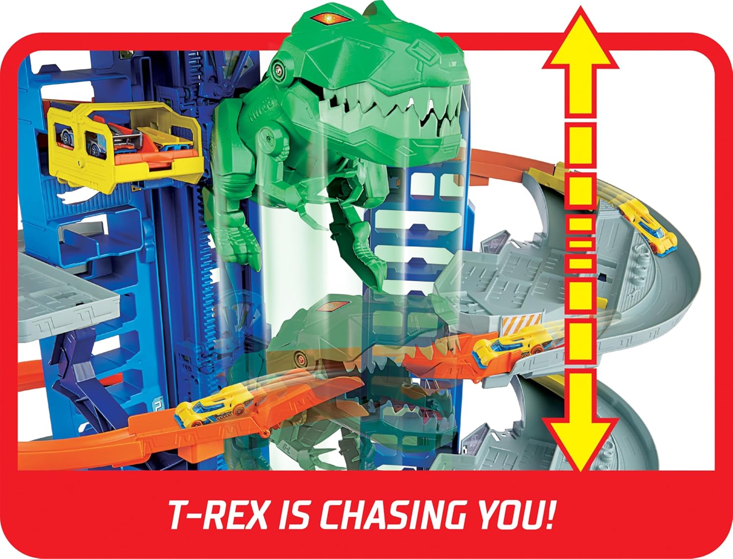 Hot Wheels - Juego de pistas de autos de juguete City Ultimate Garage Moving T-Rex Dinosaur, 100+ almacenamiento de vehículos a escala 1:64, 3 pies de alto, 2 autos de juguete