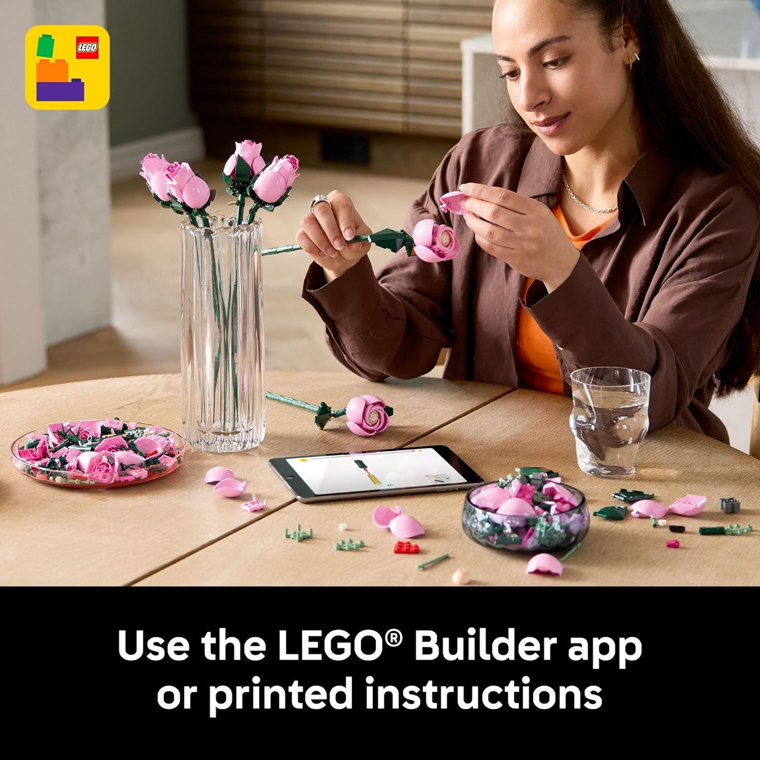 LEGO Botanicals Bouquet of Pink Roses Artificial Flowers - Building Blocks for Adults, Ages 18+ - Flowers for Home Office, Shelf or Room Decor - Gift for Women & Men - 10374