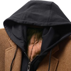 PRIJOUHE Men's Wool Coat Hoodie Long Trench Coat Cotton Casual Woollen Overcoat Jacket