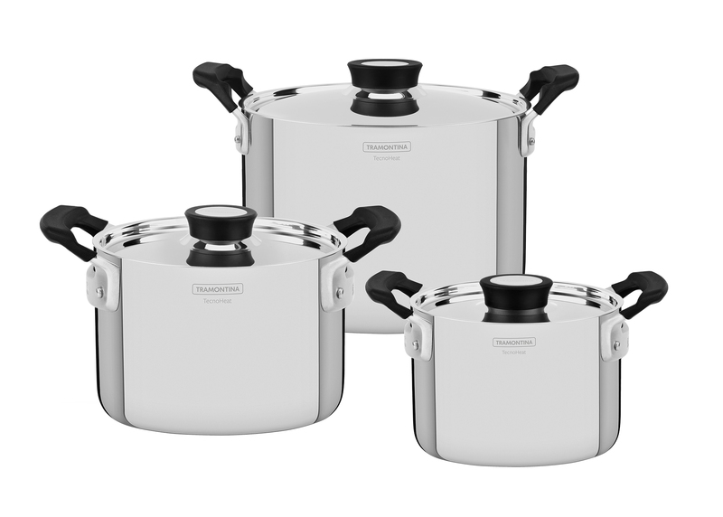Juego de utensilios de cocina Tramontina Grano Compact de acero inoxidable con cuerpo de triple capa y asas recubiertas de silicona negra, 3 piezas 65240200