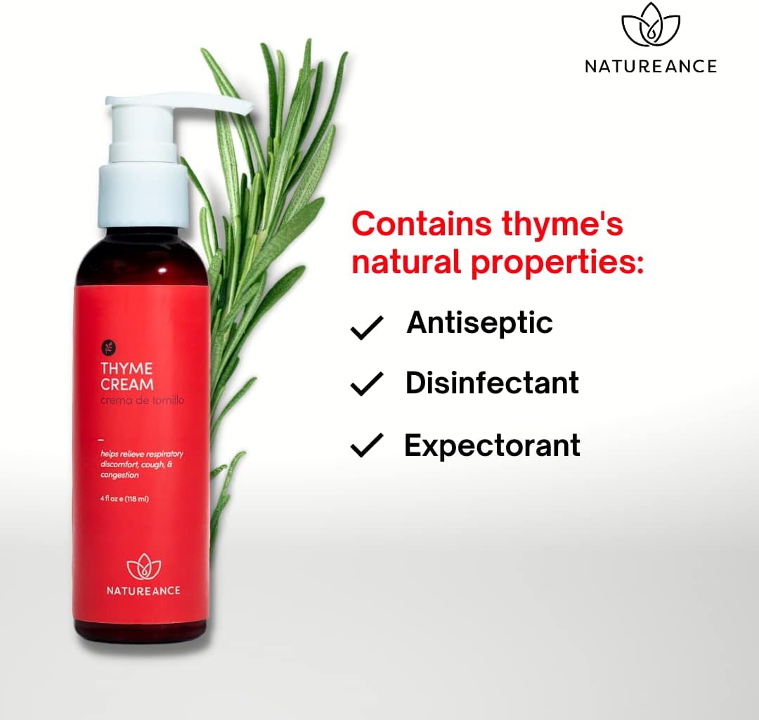 Crema de tomillo (4 onzas líquidas) – Ayuda a aliviar la tos estacional, las molestias en el pecho y promueve la respiración fácil