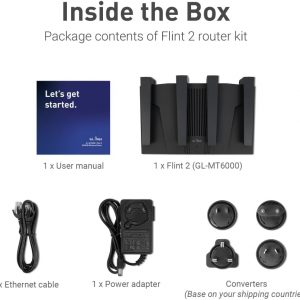 GL.iNet GL-MT6000 (Flint 2) WiFi 6 High Speed Gaming Routers for Wireless Internet, 2 x 2.5G Ethernet Ports for Fiber Optic Modem, Long Range Computer VPN WiFi Router, Home & Business