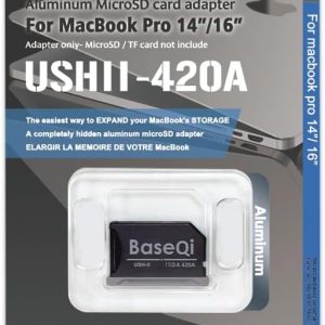 BASEQI UHS-II Aluminum microSD Adapter for 2021 M1/ 2022 M2 / 2023 M3 MacBook Pro 14" & 16” (Space Black, Adapter)