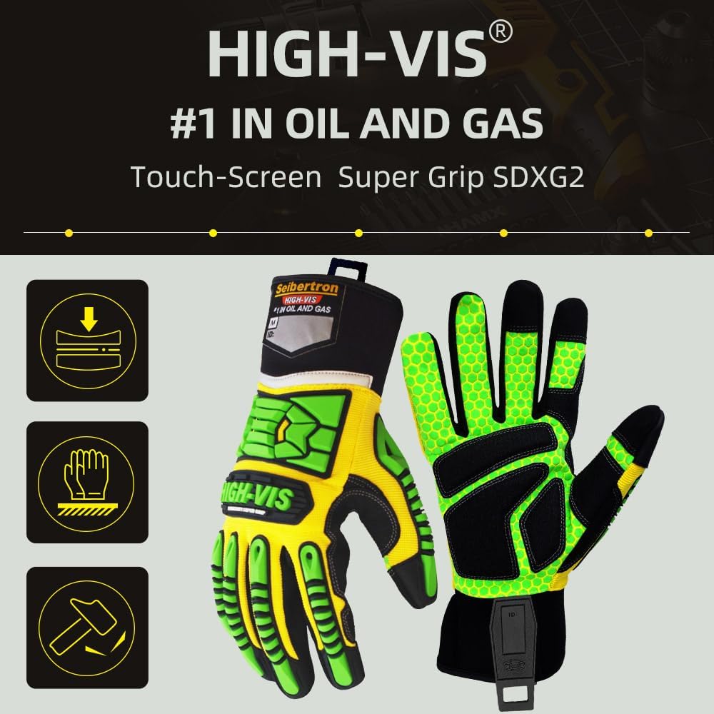 Seibertron High-VIS SDXG2 Dexterity Super Grip GEL Oil & Gas Anti-Vibración Protección de Impacto Guantes de Seguridad CE EN388 4131 M