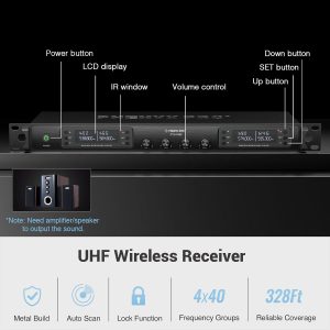 Phenyx Pro 4-Channel Wireless Microphone System, UHF Auto Scan Cordless Mic Set, 4 Bodypacks w/Headsets/Lapel Mics, 4x40 Frequencies, 328ft Coverage, Mic for Church, DJ, Meeting (PTU-7000-4B)