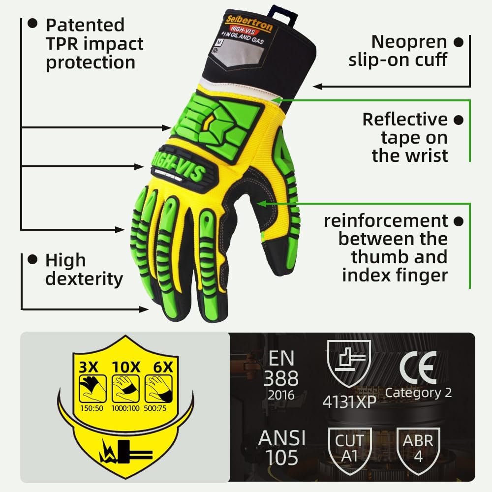 Seibertron High-VIS SDXG2 Dexterity Super Grip GEL Oil & Gas Anti-Vibración Protección de Impacto Guantes de Seguridad CE EN388 4131 M