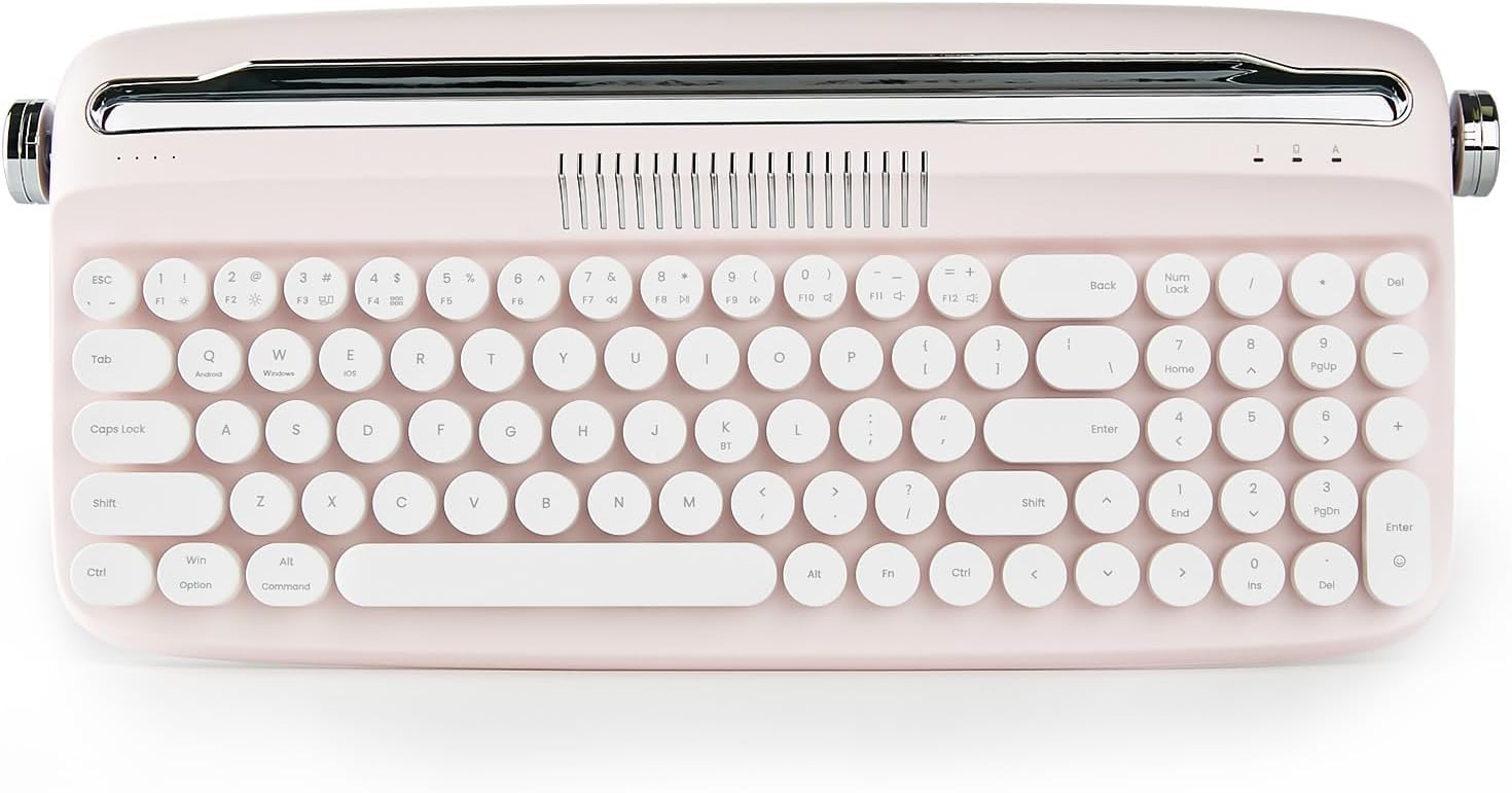 YUNZII Upgraded Wireless Typewriter Keyboard,with Retro Integrated Stand,USB-C/Bluetooth,Cute Round Keycaps, USB-C/Bluetooth Connection for Table, Phone, PC and Win/Mac/Android (B309, Baby Pink)