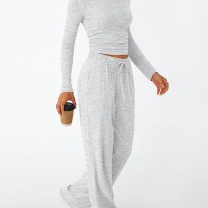 Trendy Queen - Conjunto de 2 piezas a juego para mujer, conjunto informal de ombliguera de manga larga y pantalones de pierna ancha