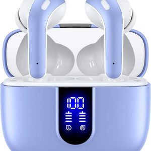 TAGRY Auriculares Bluetooth verdaderamente inalámbricos de reproducción de 60 horas con pantalla LED de alimentación con estuche de carga inalámbrica IPX5, auriculares intrauditivos impermeables con micrófono para TV, teléfono inteligente, portátil, computadora, deportes