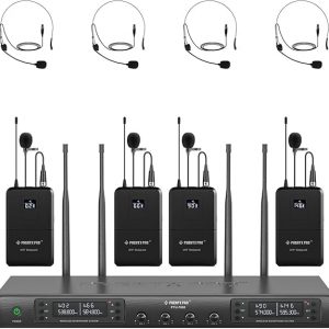 Phenyx Pro 4-Channel Wireless Microphone System, UHF Auto Scan Cordless Mic Set, 4 Bodypacks w/Headsets/Lapel Mics, 4x40 Frequencies, 328ft Coverage, Mic for Church, DJ, Meeting (PTU-7000-4B)