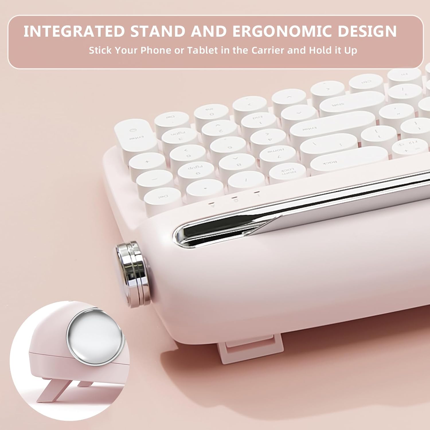 YUNZII Upgraded Wireless Typewriter Keyboard,with Retro Integrated Stand,USB-C/Bluetooth,Cute Round Keycaps, USB-C/Bluetooth Connection for Table, Phone, PC and Win/Mac/Android (B309, Baby Pink)