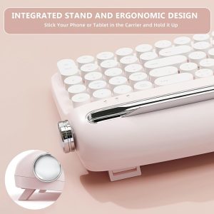 YUNZII Upgraded Wireless Typewriter Keyboard,with Retro Integrated Stand,USB-C/Bluetooth,Cute Round Keycaps, USB-C/Bluetooth Connection for Table, Phone, PC and Win/Mac/Android (B309, Baby Pink)