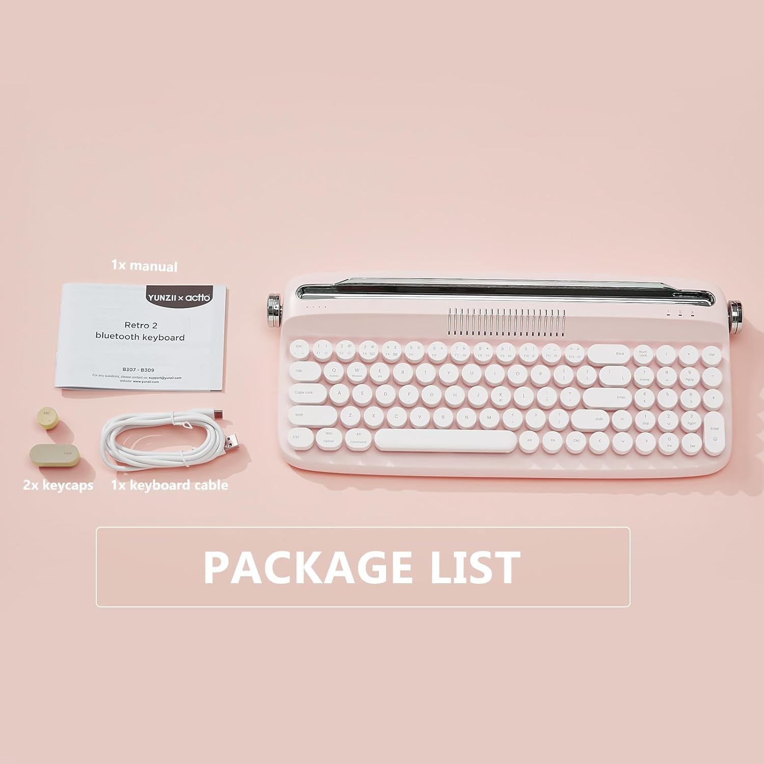 YUNZII Upgraded Wireless Typewriter Keyboard,with Retro Integrated Stand,USB-C/Bluetooth,Cute Round Keycaps, USB-C/Bluetooth Connection for Table, Phone, PC and Win/Mac/Android (B309, Baby Pink)