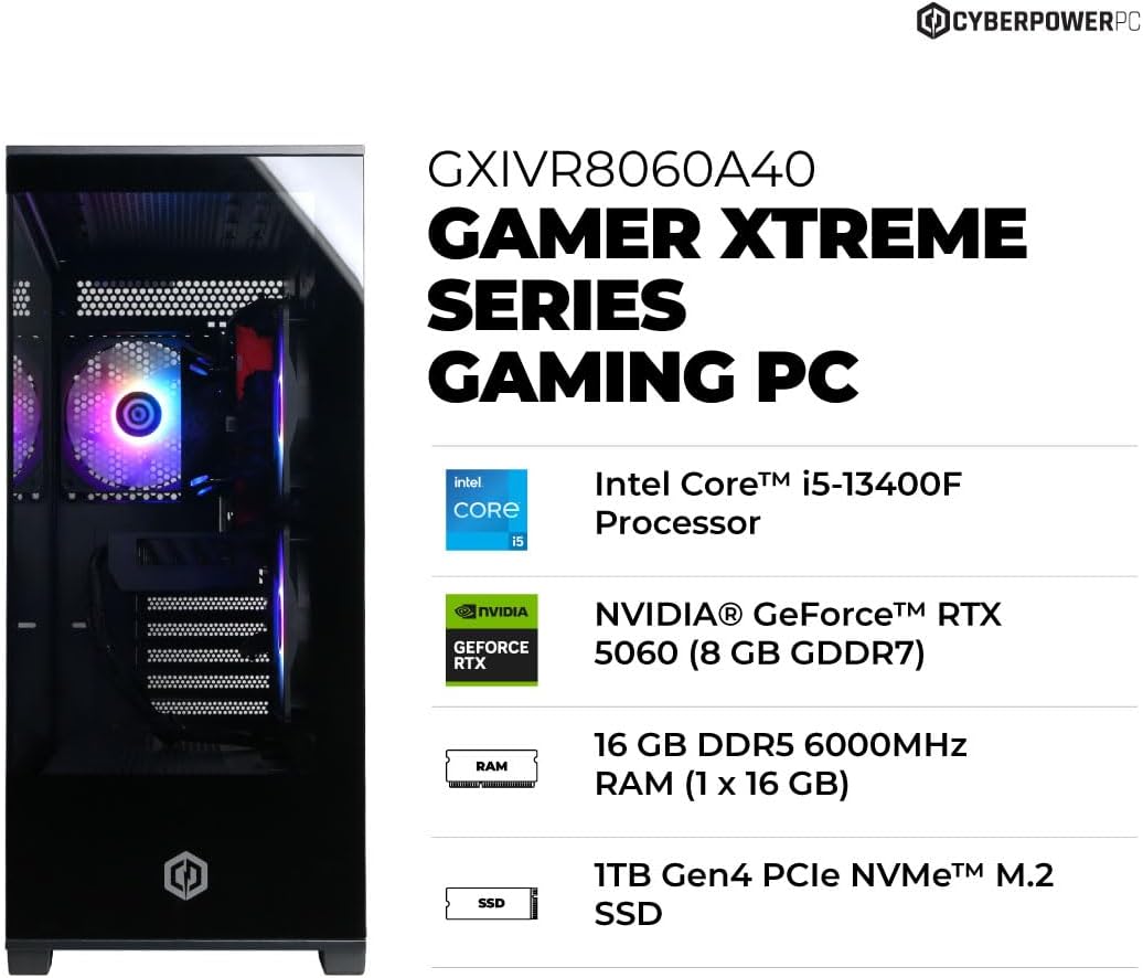 CyberPowerPC Gamer Xtreme VR Gaming PC, Intel Core i5-13400F 2.5GHz, GeForce RTX 5060 8GB, 16GB DDR5, 1TB PCIe 4.0 SSD, WiFi Ready y Windows 11 Home (GXiVR8060A40)