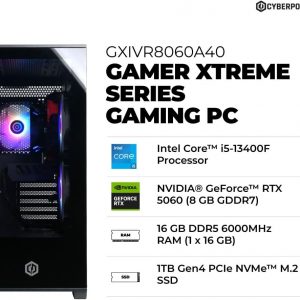 CyberPowerPC Gamer Xtreme VR Gaming PC, Intel Core i5-13400F 2.5GHz, GeForce RTX 5060 8GB, 16GB DDR5, 1TB PCIe 4.0 SSD, WiFi Ready & Windows 11 Home (GXiVR8060A40)