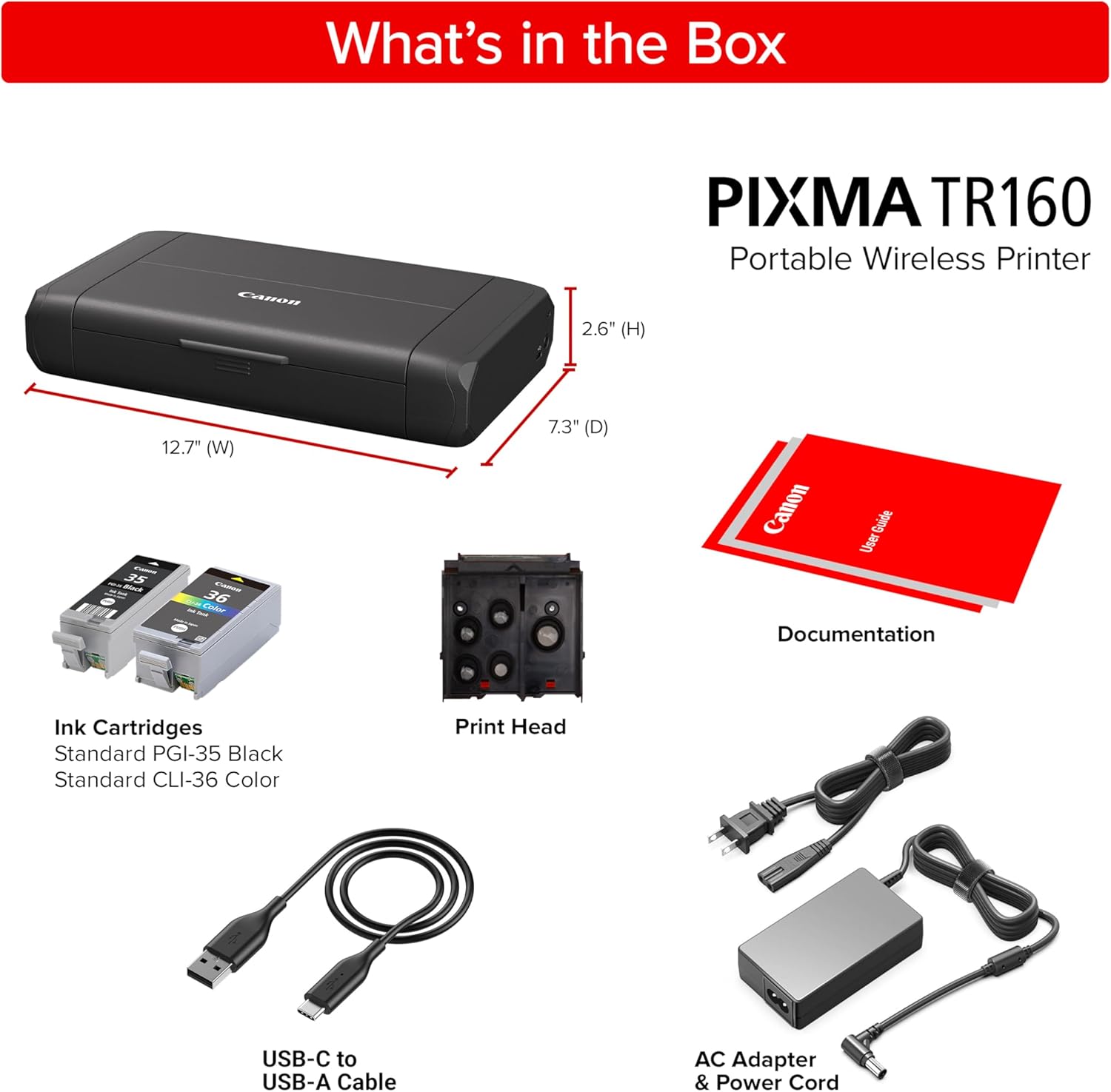 Canon PIXMA TR160 Impresora portátil inalámbrica, bandeja de papel de 50 hojas y pantalla de 1.44 pulgadas