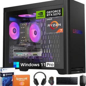 Lenovo Legion Tower 5 Gaming Desktop, AMD Ryzen 7 7800X3D NVIDIA GeForce RTX 5070 12GB GDDR7, 64GB DDR5 5600MT/s, 2TB SSD, 2TB HDD, Whisper-Quiet Legion Cooling, Windows 11 Pro, REDRAGON Accessories