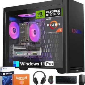 Lenovo Legion Tower 5 Gaming Desktop, AMD Ryzen 7 7800X3D NVIDIA GeForce RTX 5070 12GB GDDR7, 64GB DDR5 5600MT/s, 2TB SSD, 2TB HDD, Whisper-Quiet Legion Cooling, Windows 11 Pro, REDRAGON Accessories