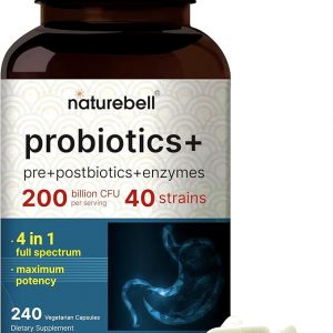 NatureBell Probiótico 200 mil millones de UFC – 40 cepas por porción | 240 cápsulas vegetales con prebióticos y probióticos – Complejo de espectro completo con enzimas – Probióticos diarios para mujeres y hombres