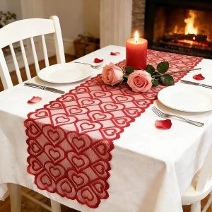 Red Heart Lace Table Runner, Valentines Day Decor for Wedding Party, Valentines Decorations, Anniversary Kitchen Dining Table Decorations Home Party, 13x72 Inches(Red)