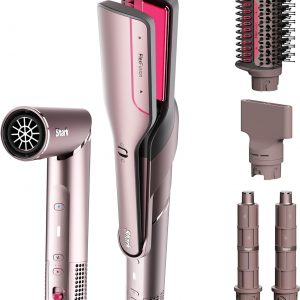 Shark FlexFusion Hair Straightener & Powerful Hair Dryer with Fusion Hair Brush, Ceramic Air Styler with Auto-Wrap Curlers & Concentrator, Ceramic Plates, Cosmic Blush HD641S