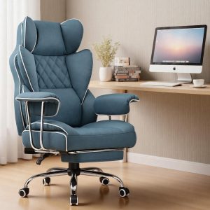 COMHOMA Silla de oficina grande y alta, silla de juegos de cuero con reposapiés, silla de oficina ergonómica ejecutiva con soporte lumbar de resorte de bolsillo y con reposabrazos suaves fijos hacia