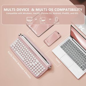 YUNZII Upgraded Wireless Typewriter Keyboard,with Retro Integrated Stand,USB-C/Bluetooth,Cute Round Keycaps, USB-C/Bluetooth Connection for Table, Phone, PC and Win/Mac/Android (B309, Baby Pink)