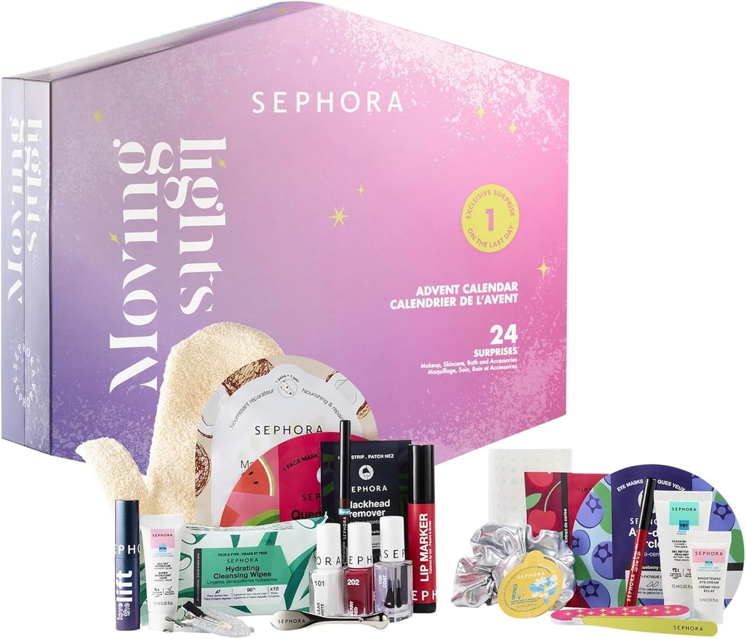 Sephora - Calendario de Adviento 2024, con luces móviles, 24 sorpresas, incluye maquillaje, productos de cuidado, del baño y accesorios