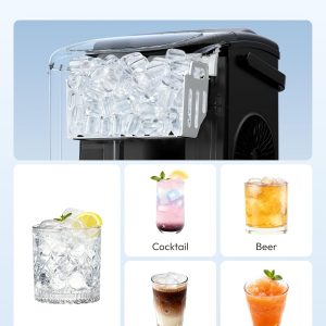 EUHOMY - Máquina de hacer hielo encimera con asa, portátil con cesta y cuchara, autolimpiante, produce 26 lb en 24 h, 9 cubos de hielo listos en 6 min, para el hogar, cocina, camping y casa rodante