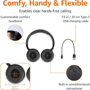 Amazon Basics Auriculares Bluetooth inalámbricos con micrófono, en la oreja, tiempo de reproducción de 35 horas, plegables, tamaño único, plegable, apto para viajes, color negro