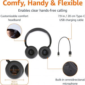 Amazon Basics Bluetooth Headphones Wireless with Microphone, On Ear, 35 Hour Playtime, Foldable, One Size, Collapsible Travel Friendly, Black